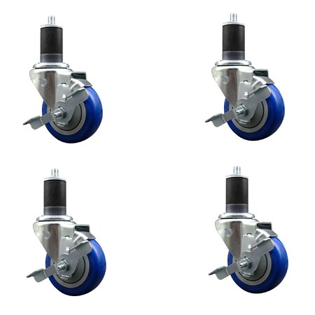 Service Caster 3.5'' SS Blue Poly Swivel 1-5/8'' Expanding Stem Caster Set with Brake, 4PK SCC-SSEX20S3514-PPUB-BLUE-TLB-158-4